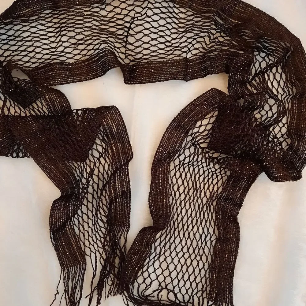 Brown/ Gold Metallic Fringed Netted Scarf/Tie Belt
